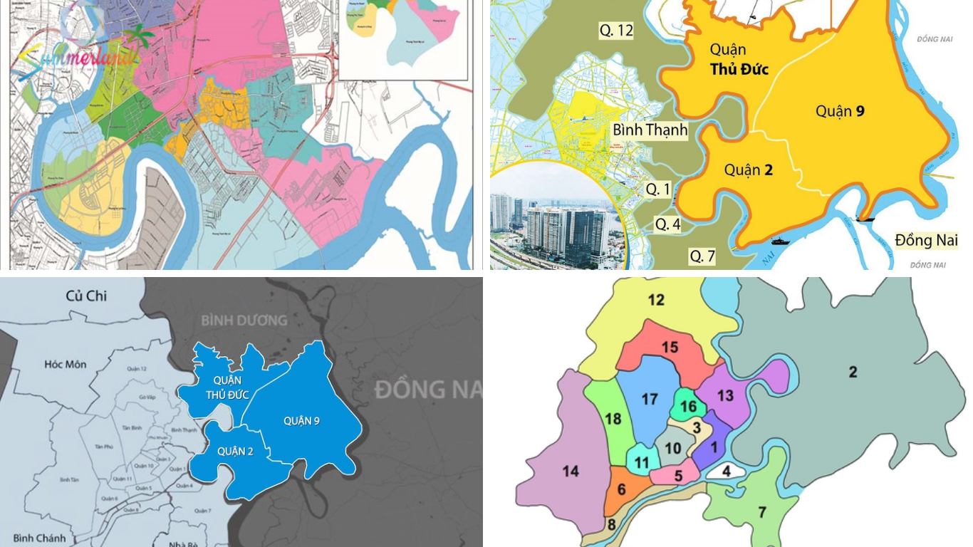 Bản đồ khu vực Quận 2 giáp quận nào, nay thuộc Thành phố Thủ Đức, với các khu đô thị hiện đại như Thủ Thiêm và Thảo Điền.