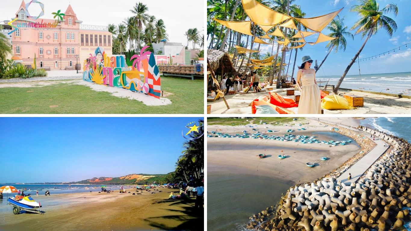 Toàn cảnh Hanna Beach Mũi Né nhìn từ trên cao với bãi cát xanh và ghế lười