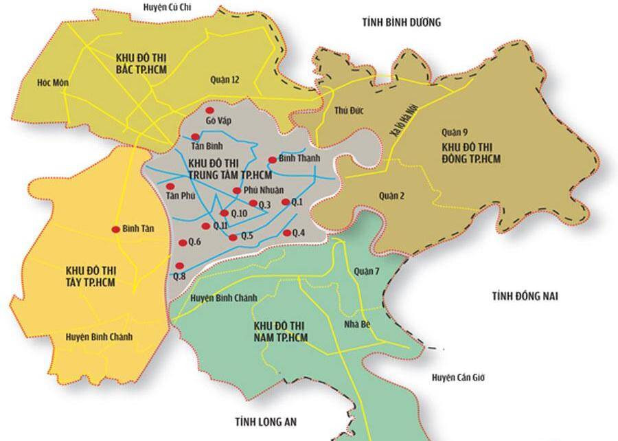 Bản đồ chi tiết hiển thị các quận và khu vực tiếp giáp với Quận 2 cũ