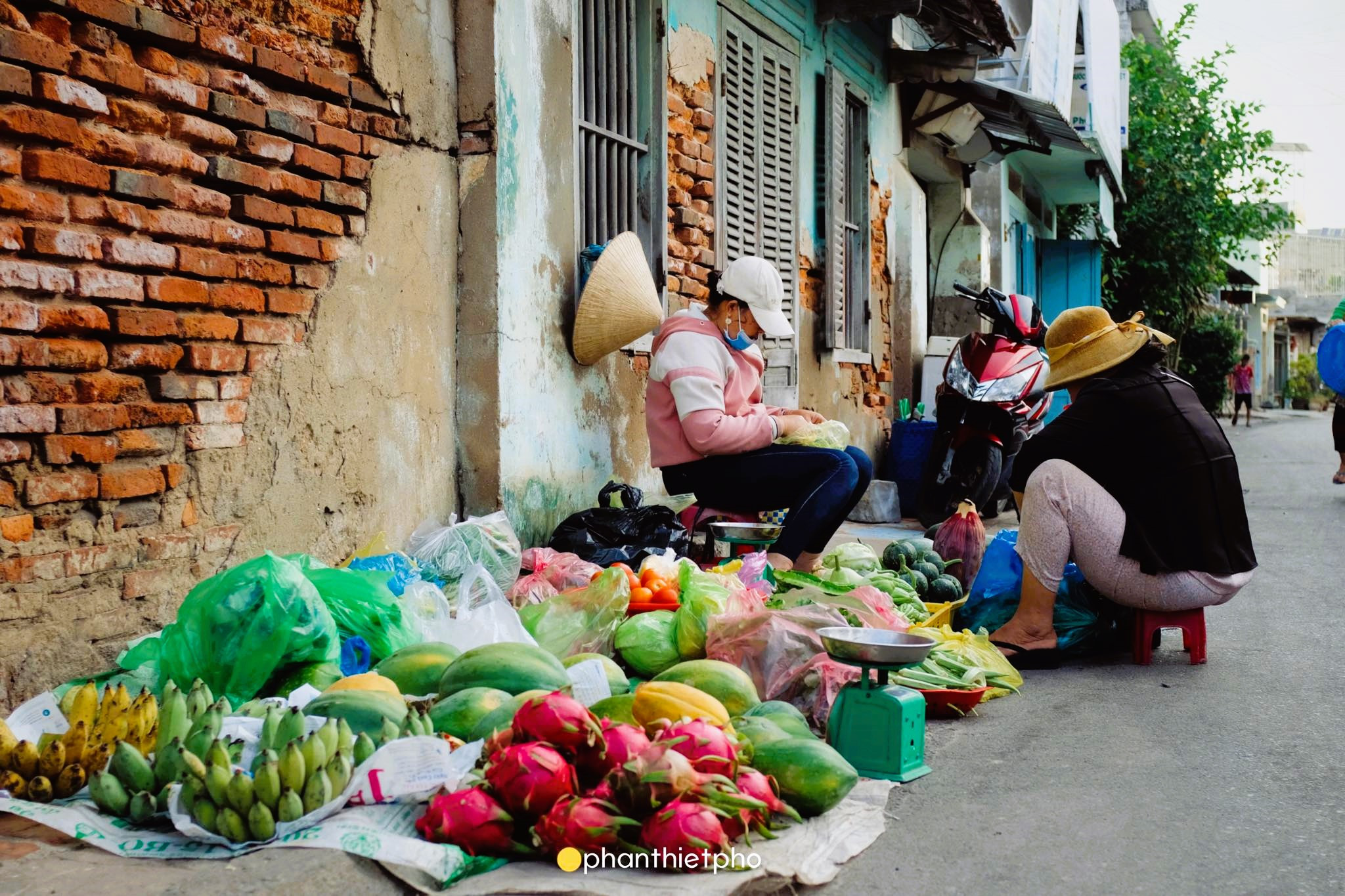 Gian hàng bán trái cây tươi đầy màu sắc bên cạnh khu vực cá tại chợ Cẩm Xìn