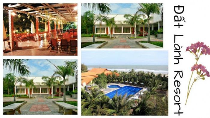 Hồ bơi và các bungalow tại Đất Lành Resort, một lựa chọn nghỉ dưỡng gần biển Cam Bình
