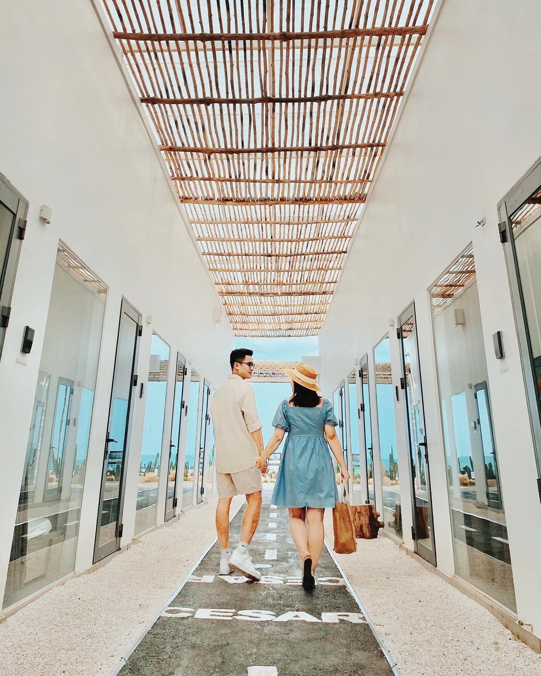 Lối đi với mái tre và xương rồng tại Cesar Homestay tạo nét mộc mạc