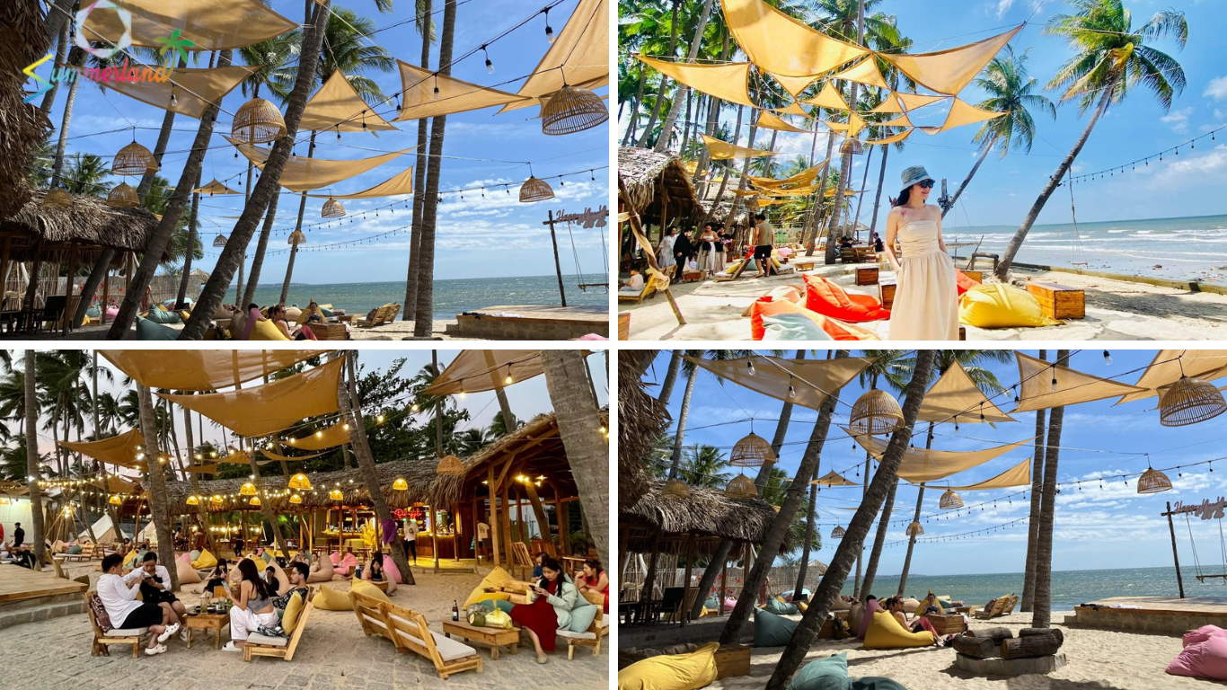 Du khách thư giãn trên ghế lười ngắm hoàng hôn tại Hanna Beach Mũi Né