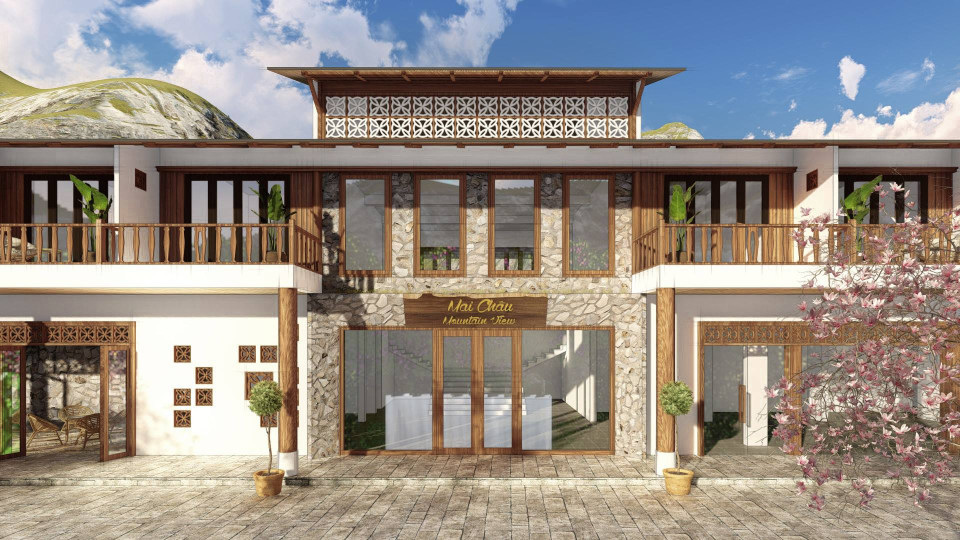 Thiết kế nội thất phòng nghỉ tại Mai Châu Mountain View Resort sử dụng vật liệu gỗ tự nhiên