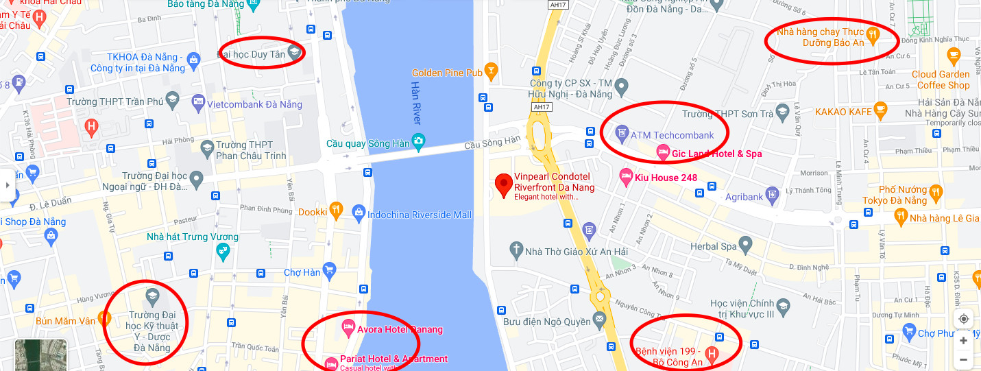 Bản đồ minh họa các tiện ích ngoại khu lân cận Vinpearl Condotel Đà Nẵng như bệnh viện, trường học