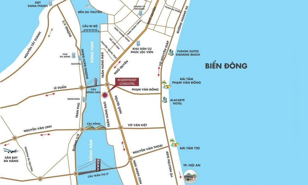 Bản đồ vị trí chiến lược của dự án Vinpearl Condotel Đà Nẵng bên sông Hàn, thể hiện khả năng kết nối