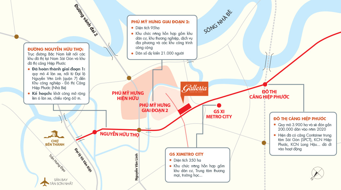 Bản đồ vị trí chiến lược của khu nghỉ dưỡng Galleria trên đường Nguyễn Hữu Thọ.