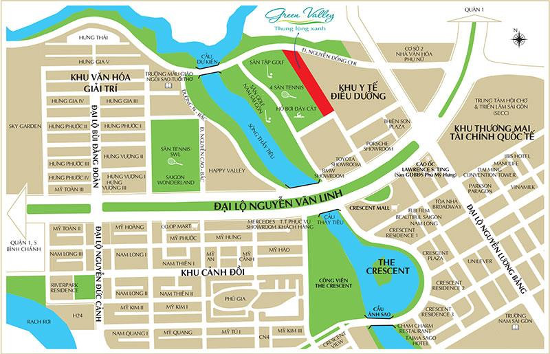 Bản đồ vị trí dự án Green Valley Quận 7, đối diện đại lộ Nguyễn Văn Linh