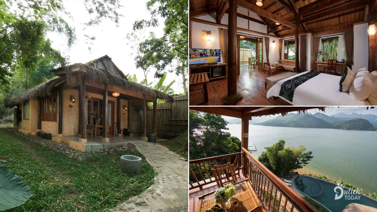 Cảnh quan yên bình tại Mai Chau Hide Away Resort bên bờ hồ