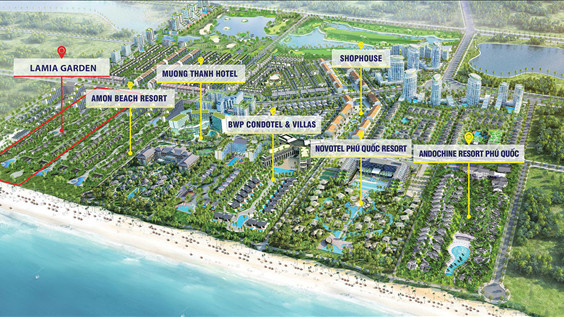 Đường đi nội bộ xanh mát trong Amon Beach Resort Phú Quốc