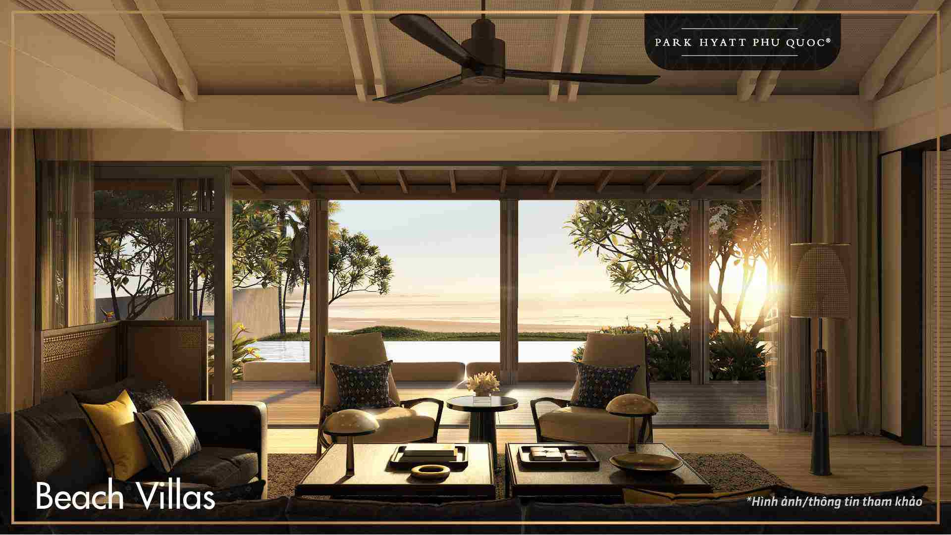 Góc nhìn phòng khách biệt thự Park Hyatt Phú Quốc đón hoàng hôn