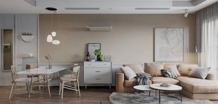 Góc sinh hoạt ấm cúng với nội thất gỗ và vải theo phong cách Scandinavian