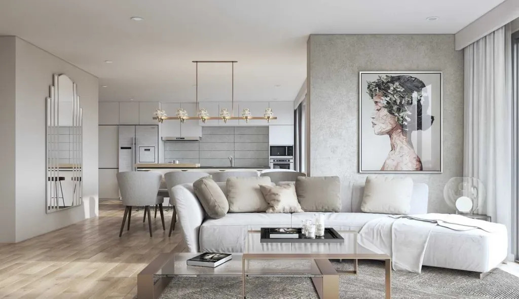 Không gian phòng khách đương đại tông trắng chủ đạo, ánh sáng ấn tượng