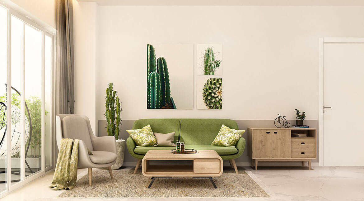 Không gian phòng khách nhà mẫu căn hộ Charm City 1 phòng ngủ