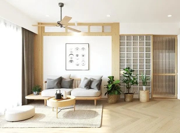 Không gian phòng khách phong cách Japandi với chất liệu gỗ tự nhiên tại Tôn Thất Thuyết