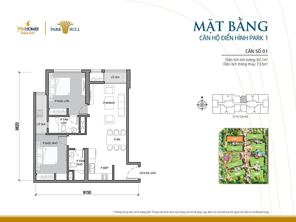 Mặt bằng căn hộ 01 tòa Park 1 Vinhomes Times City Park Hill