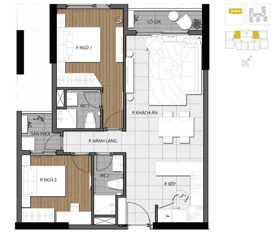 Mặt bằng căn hộ 2 phòng ngủ 79m2 The Gold View