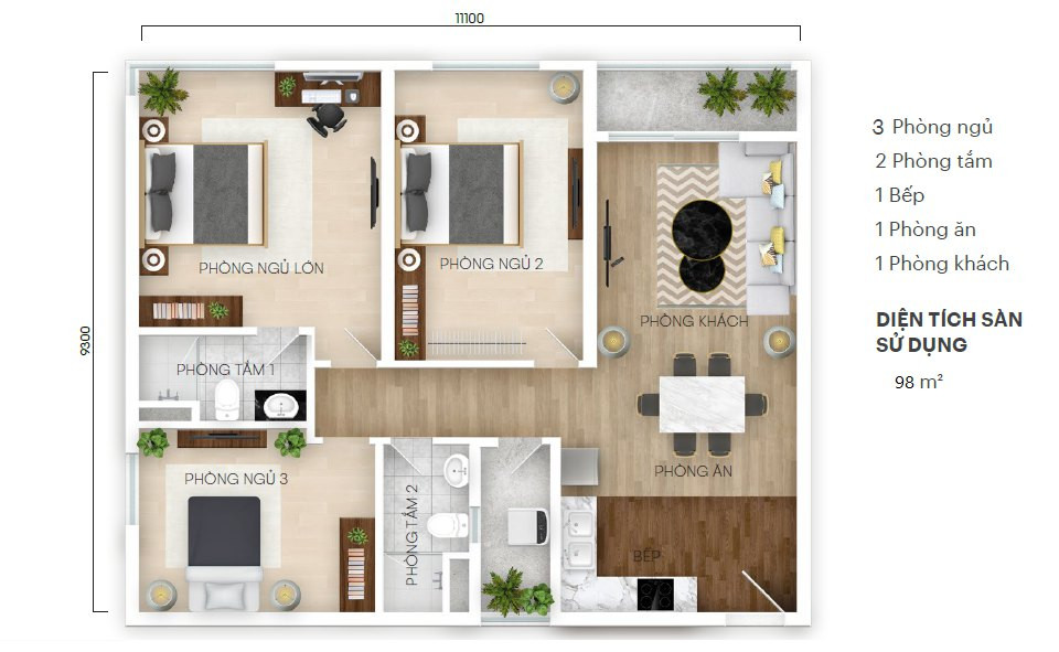 Mặt bằng căn hộ 3 phòng ngủ rộng rãi tại Central Residence