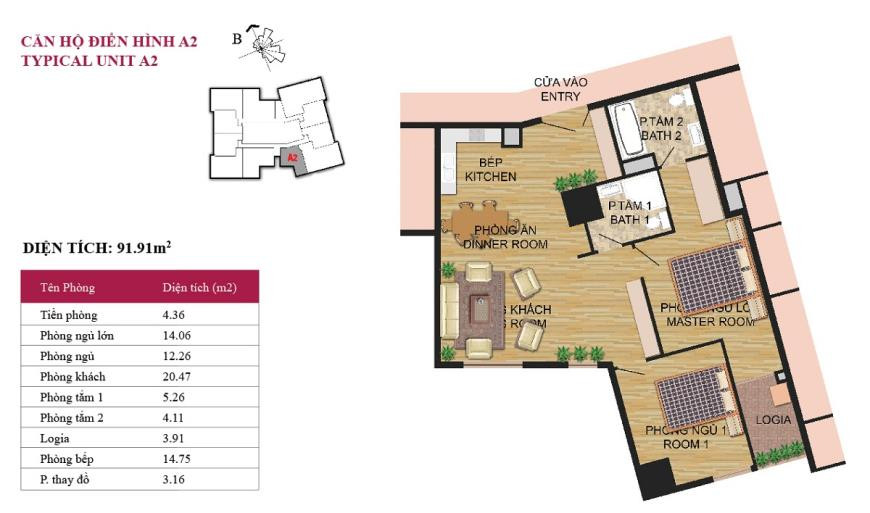 Mặt bằng căn hộ loại A2 tại Hà Đô Park View