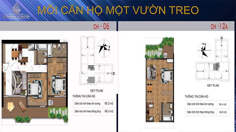 Mặt bằng chi tiết căn hộ 1-2 phòng ngủ Sunshine Horizon
