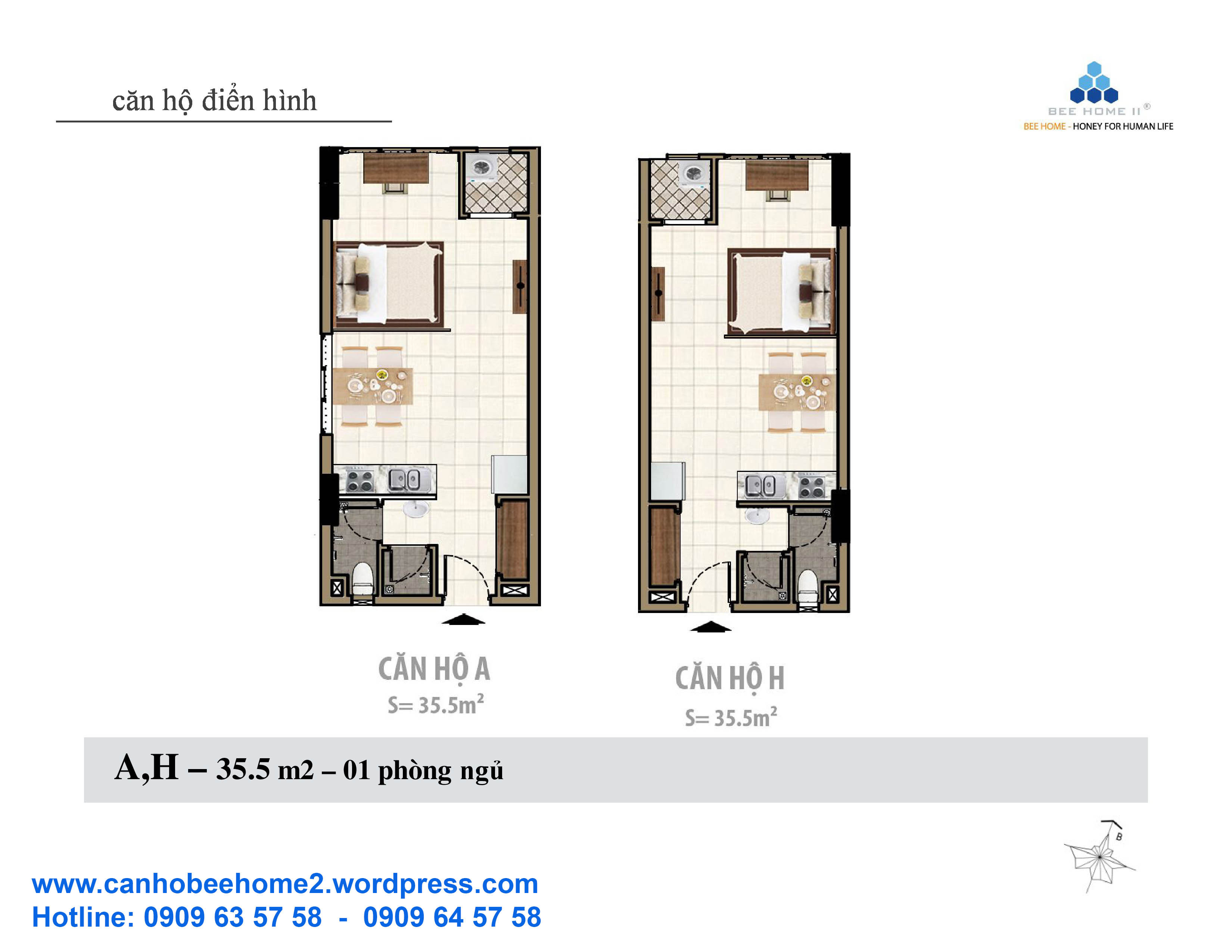 Mặt bằng chi tiết căn hộ Bee Home 2 mẫu A, H diện tích 35.5m2