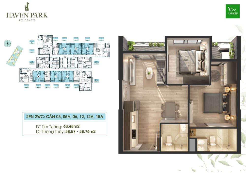 Mặt bằng chi tiết căn hộ Haven Park 2 phòng ngủ