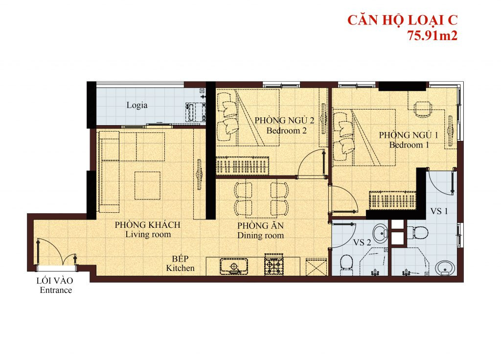 Mặt bằng chi tiết căn hộ loại C tại Era Town Đức Khải