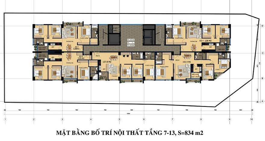 Mặt bằng tầng 7-13 của dự án CT3 Lê Đức Thọ, thể hiện cách bố trí căn hộ