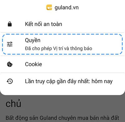 Mở phần quyền truy cập trong Chrome Android
