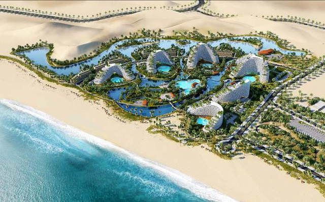Phối cảnh khu nghỉ dưỡng Mũi Dinh Ecopark với các biệt thự và khách sạn hướng biển, hài hòa thiên nhiên.