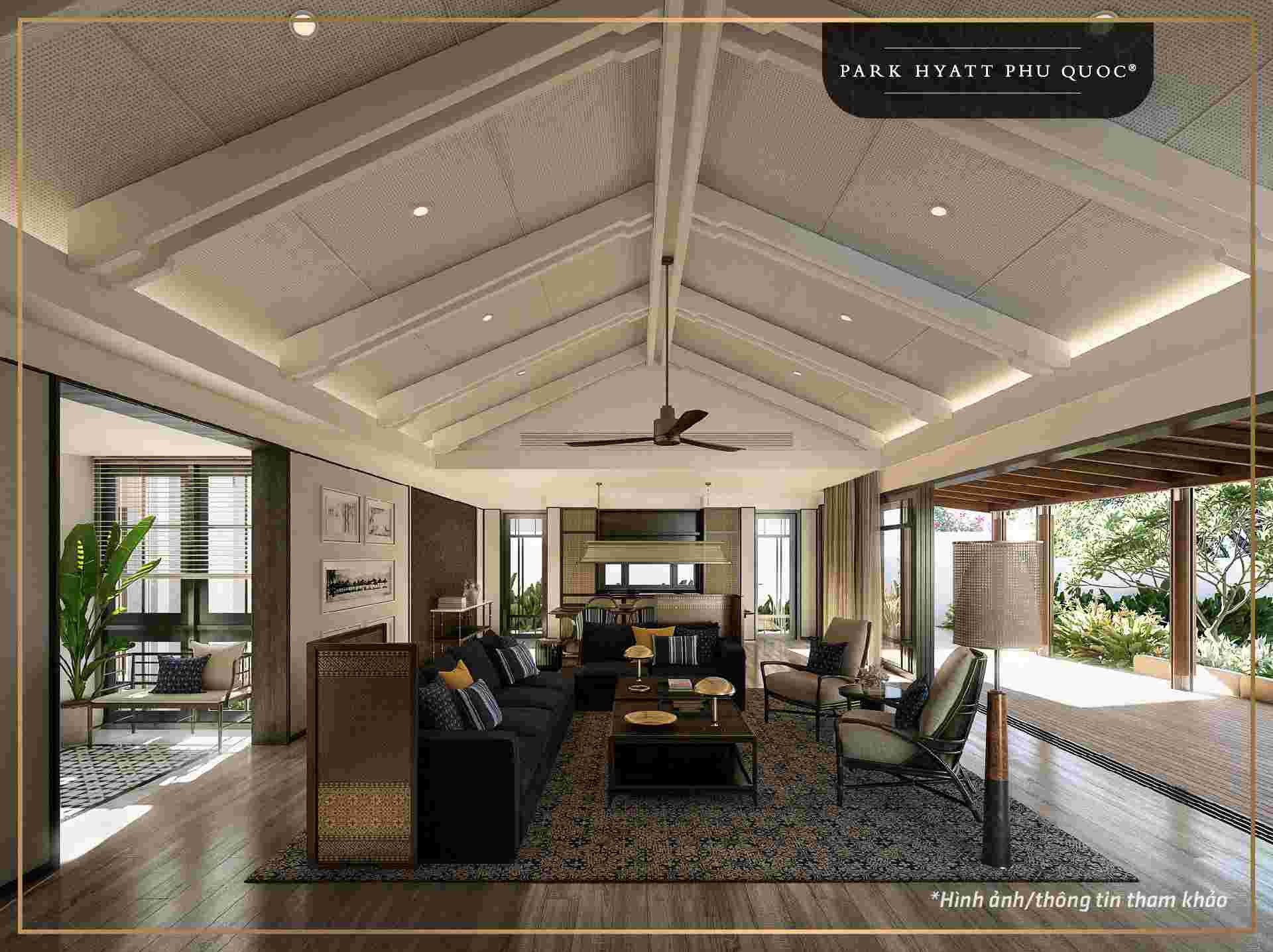 Phối cảnh nội thất phòng khách biệt thự Park Hyatt Phú Quốc tinh tế