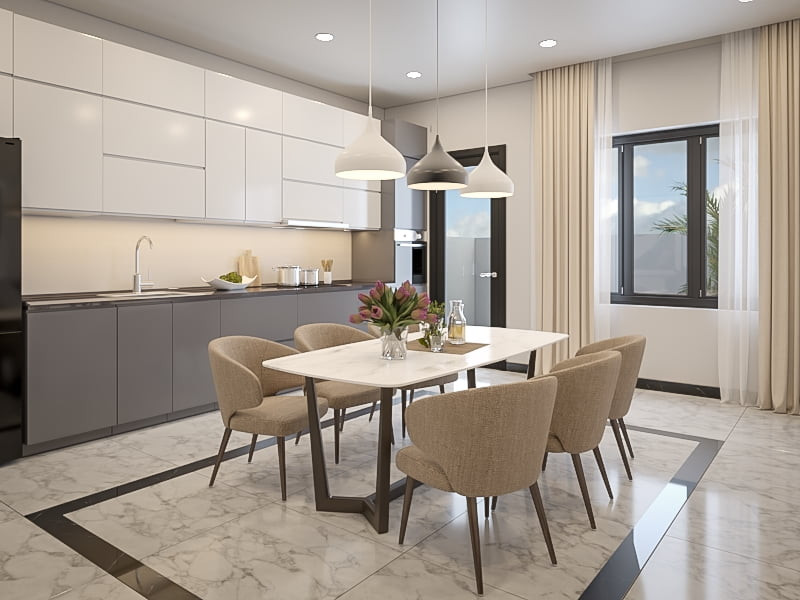 Phòng bếp và khu vực ăn uống tiện nghi trong nhà tại HUD Sơn Tây