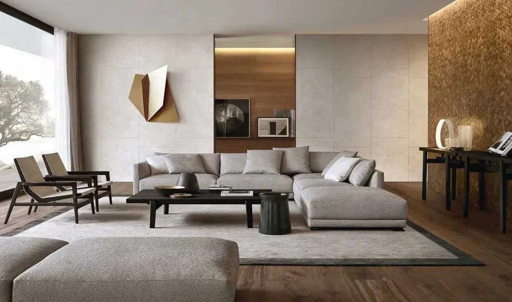 Phòng khách đương đại với đường nét thẳng và bề mặt nhẵn trong căn hộ Tôn Thất Thuyết