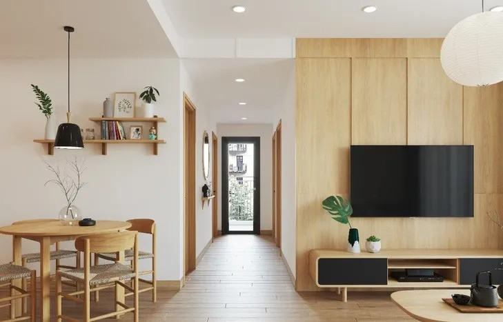 Phòng khách Japandi kết hợp gỗ tự nhiên và yếu tố Scandinavian trong căn hộ Tôn Thất Thuyết