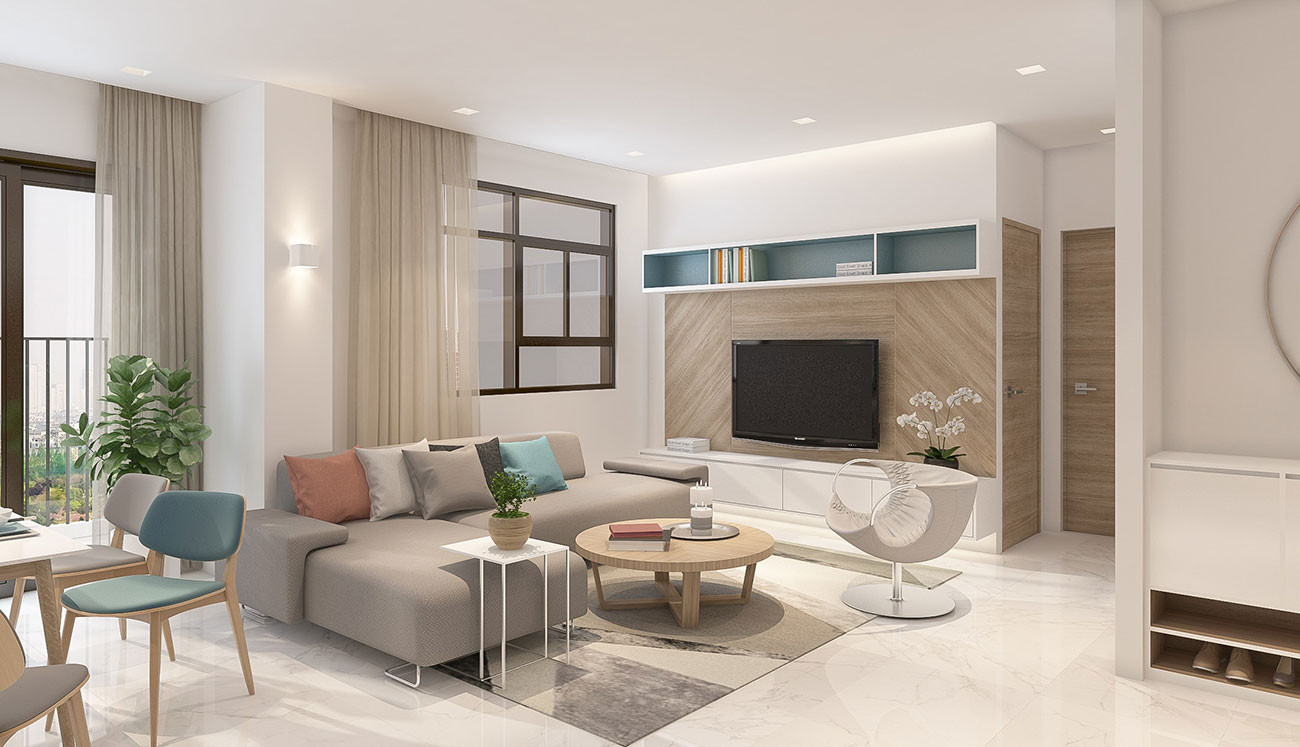 Phòng khách nhà mẫu căn hộ chung cư D-Vela Phú Thuận Quận 7 với nội thất hiện đại