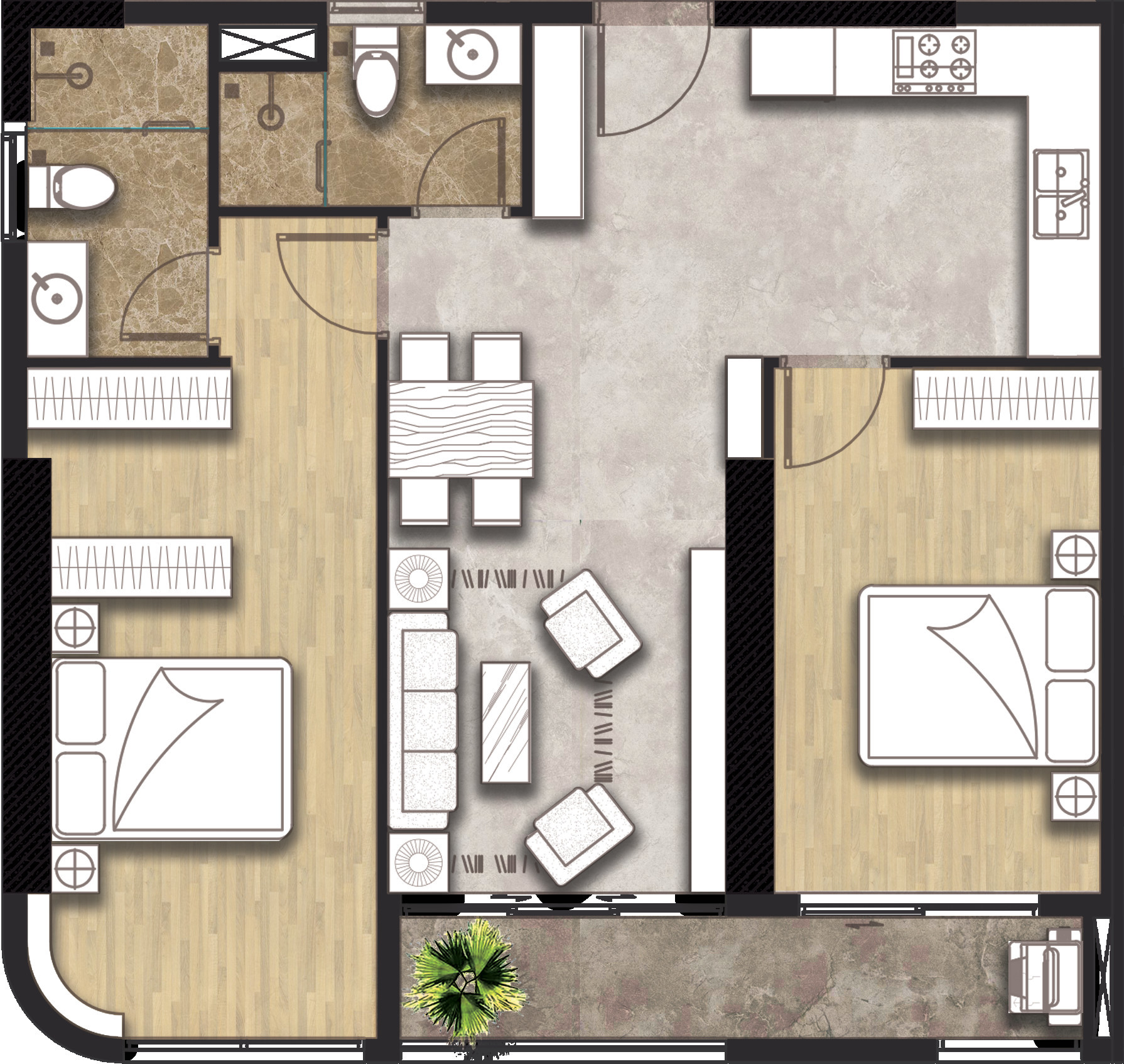 Sơ đồ mặt bằng căn hộ C Sky View với hai phòng ngủ loại B-02