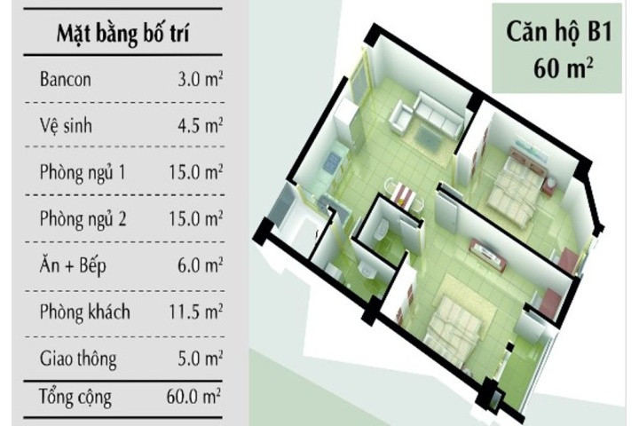 Sơ đồ mặt bằng chi tiết căn hộ B1 diện tích 60m2 tại chung cư Nguyễn Ngọc Phương