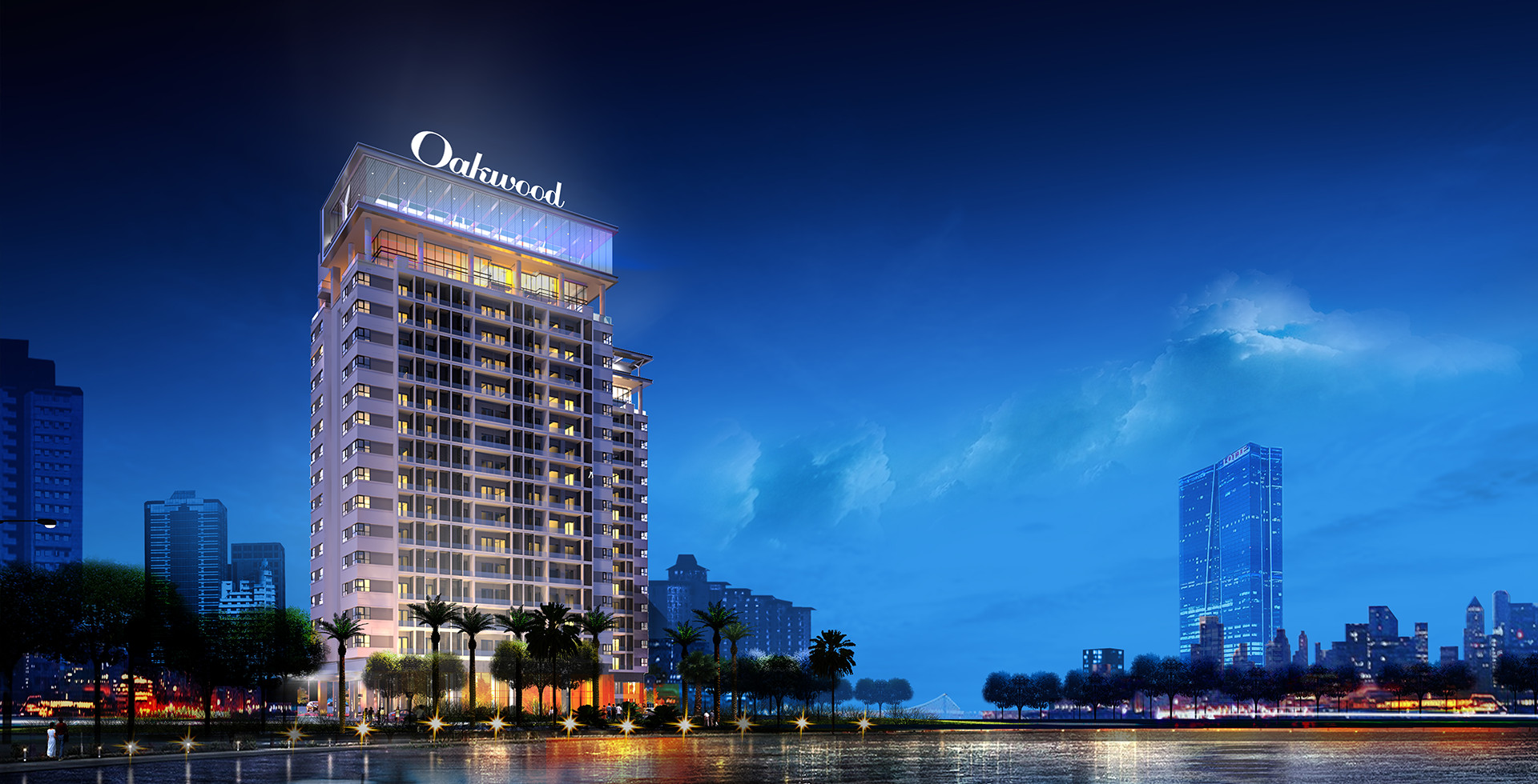 Tòa nhà Oakwood Residence Hanoi với kiến trúc hiện đại nhìn từ trên cao