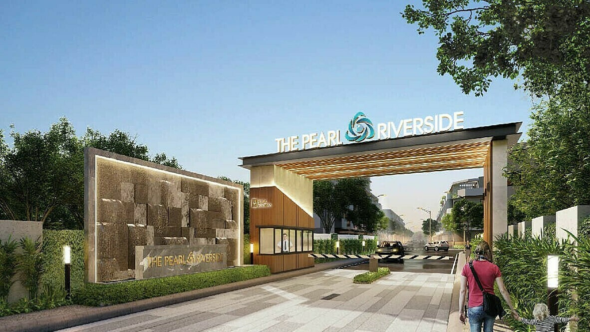 Toàn cảnh Khu đô thị The Pearl Riverside Bến Lức nhìn từ trên cao, thể hiện quy hoạch tổng thể và vị trí ven sông Vàm Cỏ Đông.