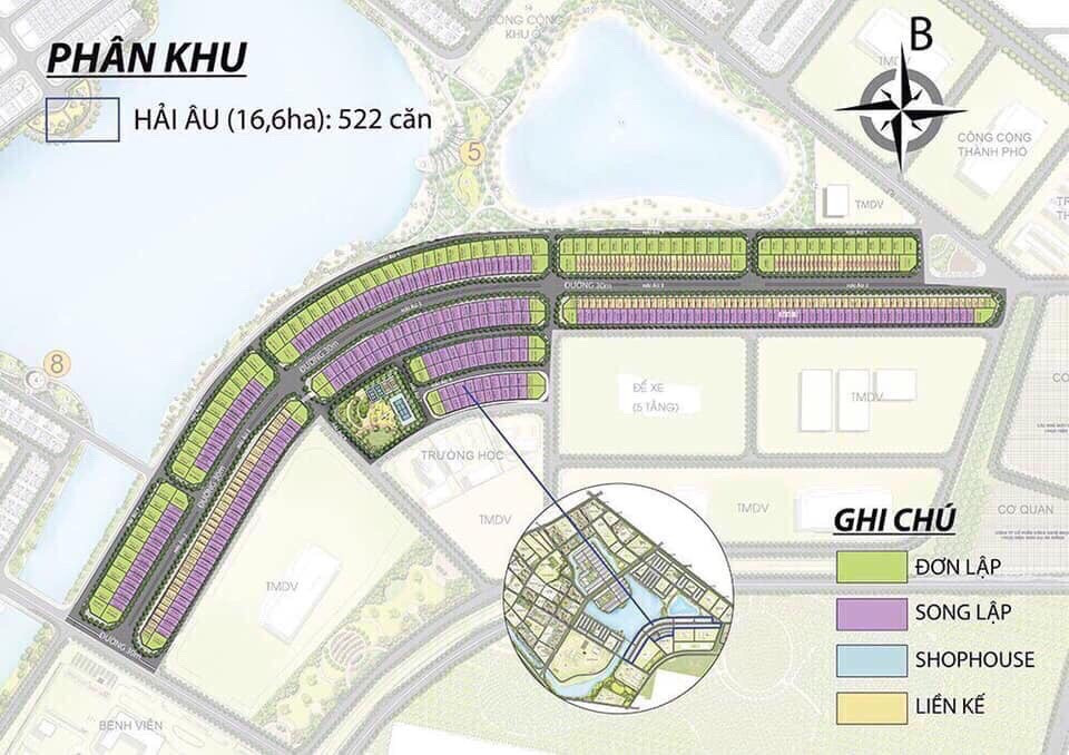 Tổng quan phân khu Hải Âu với hồ nước mặn và các tiện ích