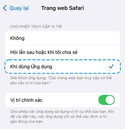 Tùy chọn cấp quyền vị trí cho ứng dụng bất động sản trên iOS