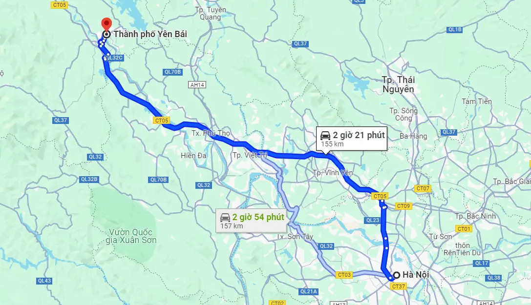 Bản đồ chi tiết hiển thị tuyến đường và khoảng cách từ Hà Nội đến Yên Bái