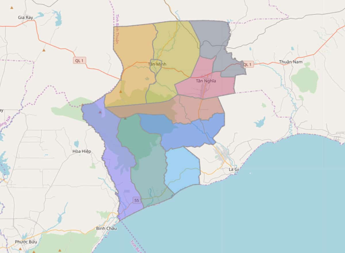 Bản đồ hành chính huyện Hàm Tân ranh giới