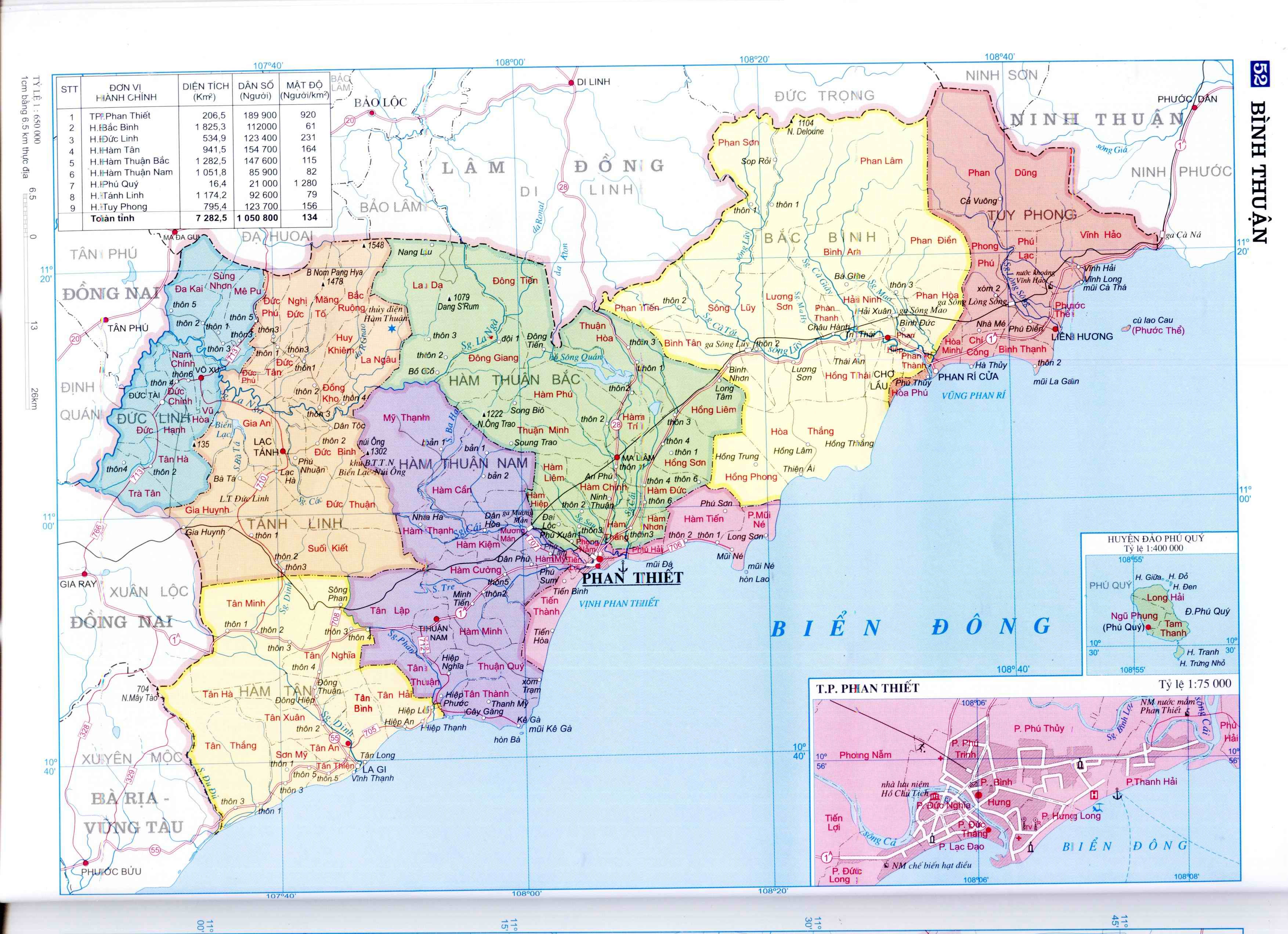 Bản đồ hành chính tỉnh Bình Thuận thể hiện địa giới các huyện, thị xã