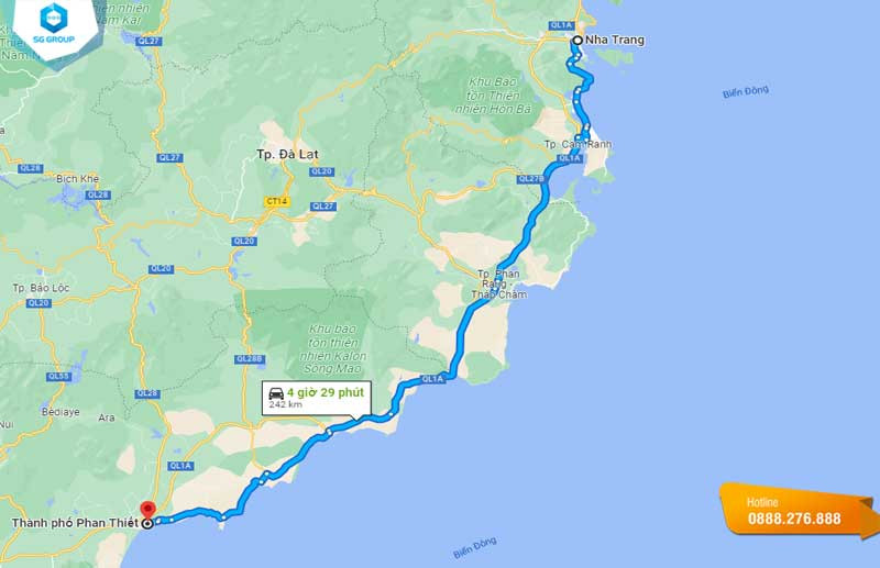 Bản đồ hiển thị khoảng cách từ Nha Trang đi Phan Thiết bao nhiêu km qua các tuyến đường chính.