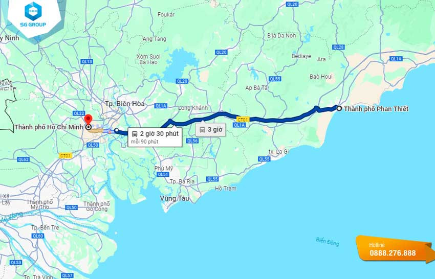 Bản đồ minh họa lộ trình và khoảng cách từ Sài Gòn đến Phan Thiết bao nhiêu km trên tuyến đường cao tốc.