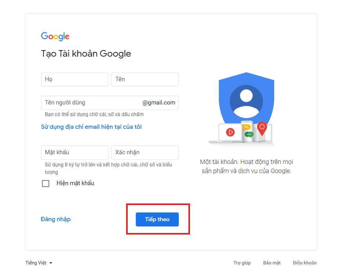 Điền thông tin đăng ký Gmail