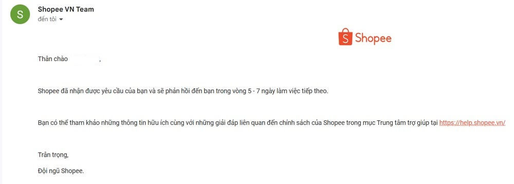 Email xác nhận từ Shopee sau khi gửi yêu cầu xem số điện thoại khách hàng bị ẩn, chờ đợi phản hồi về thông tin đơn hàng.