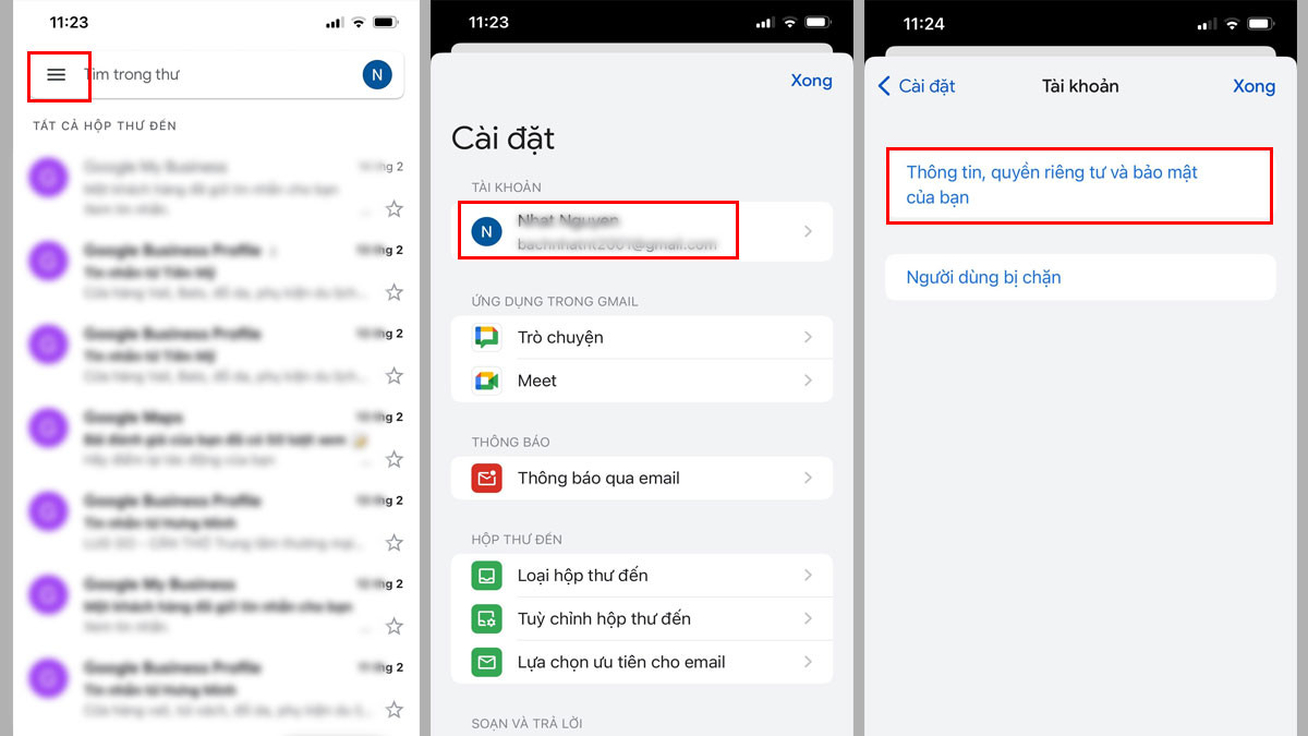 Giao diện cài đặt tài khoản Gmail, chuẩn bị xóa bỏ số điện thoại đã đăng ký