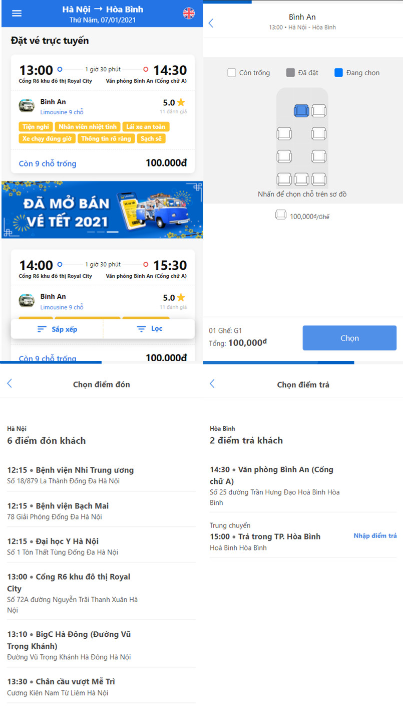 màn hình chọn chỗ ngồi và điền thông tin khách hàng xe Bình An